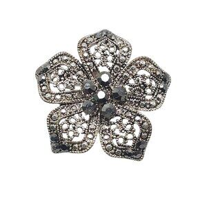 Vintage Faux Marcasite Flower Brooch Silver Tone Intricate Filigree Design
